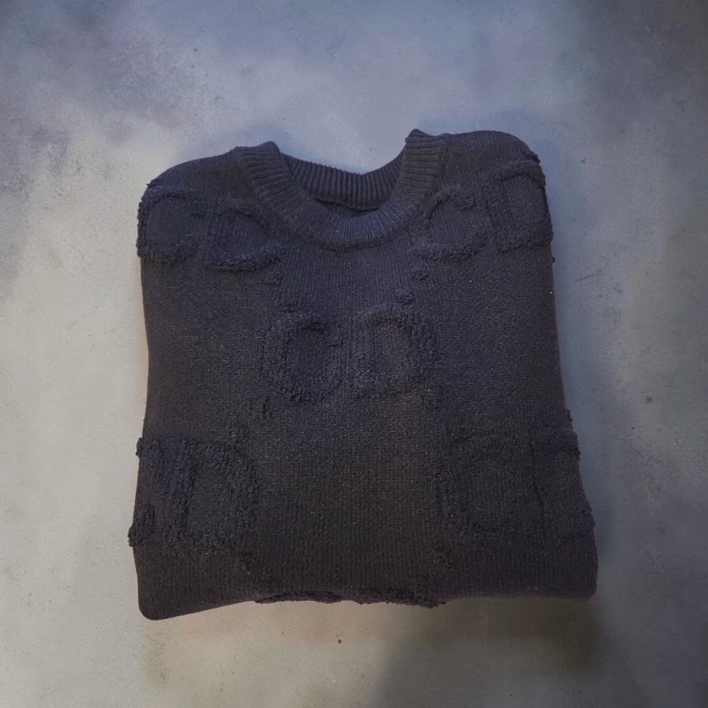 Black Textured Monogram Knit Sweater Crewneck Pullover‎ Long Sleeve Size L
